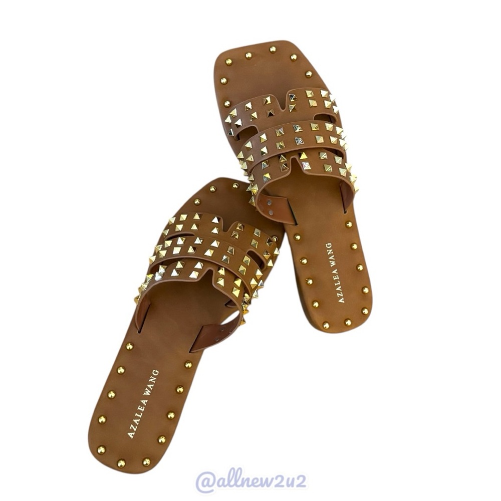 Azalea Wang Archer Gold Studded Sandals in Tan Size 7 - Picture 4 of 17